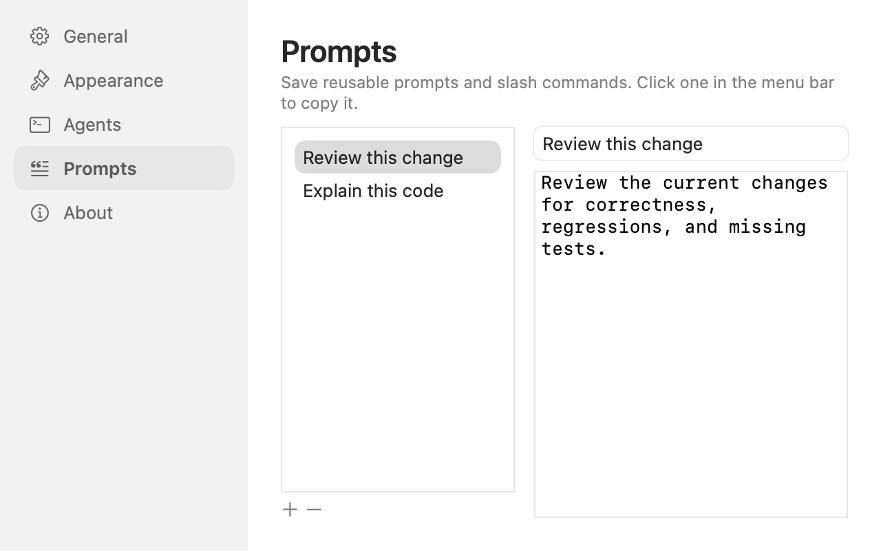 AgentHelper reusable prompts view