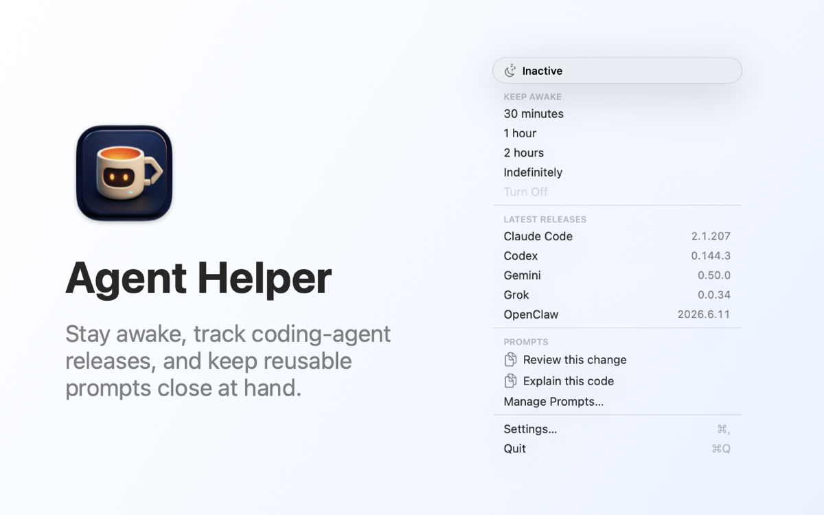 AgentHelper menu bar and release tracker