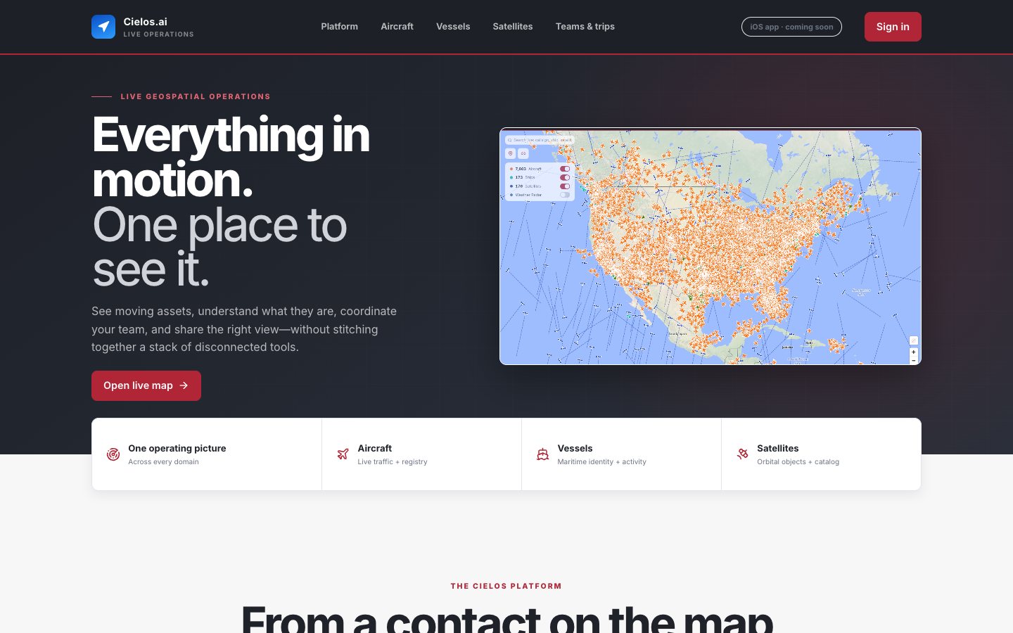 Cielos website and live geospatial map