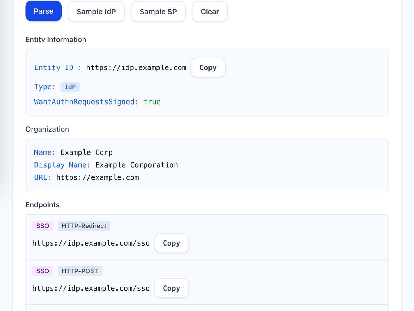 SAML Metadata Parser on developers.do showing parsed entity, organization, and endpoint details