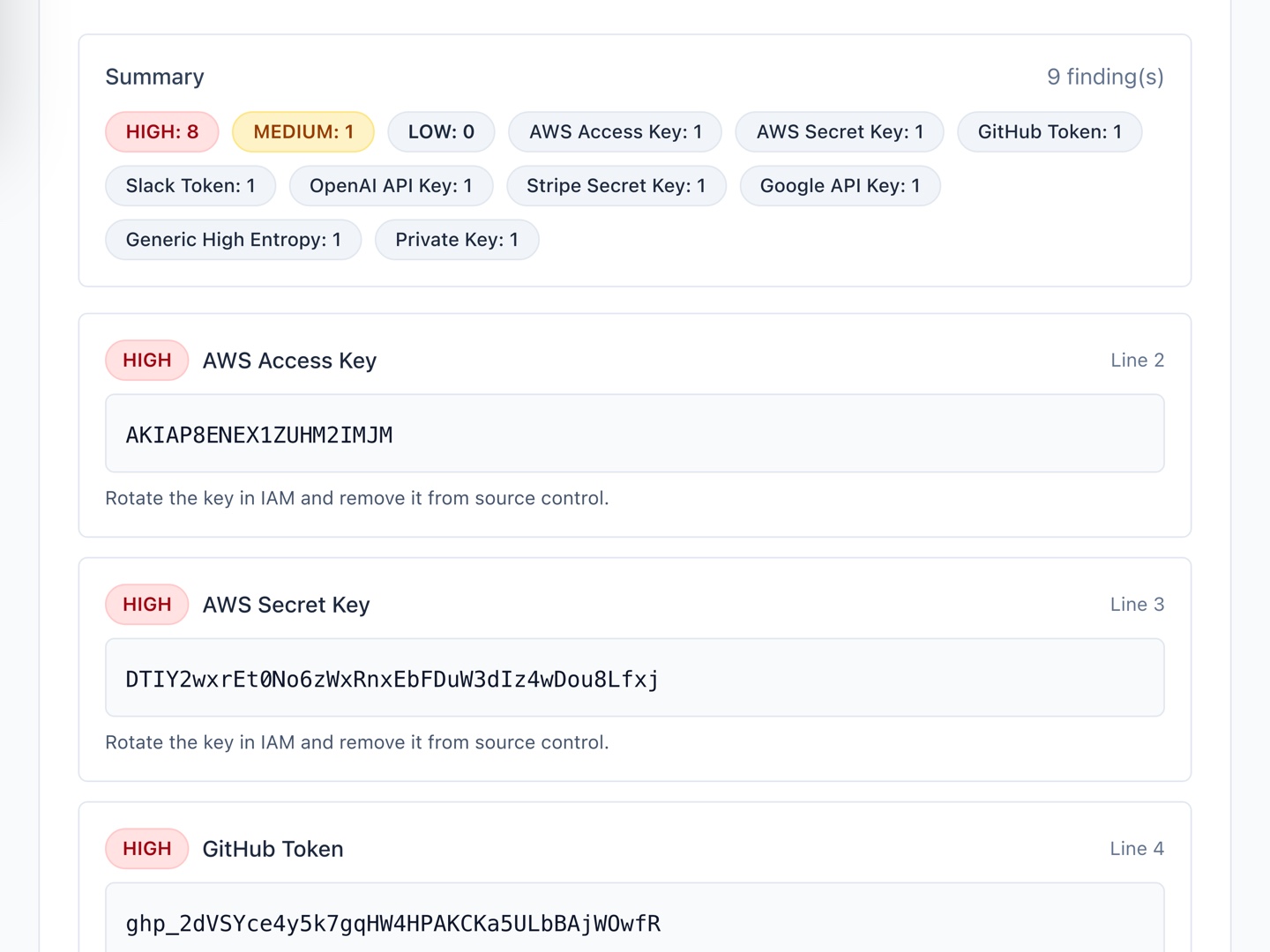 Secrets Scanner on developers.do flagging nine leaked credentials in a config file