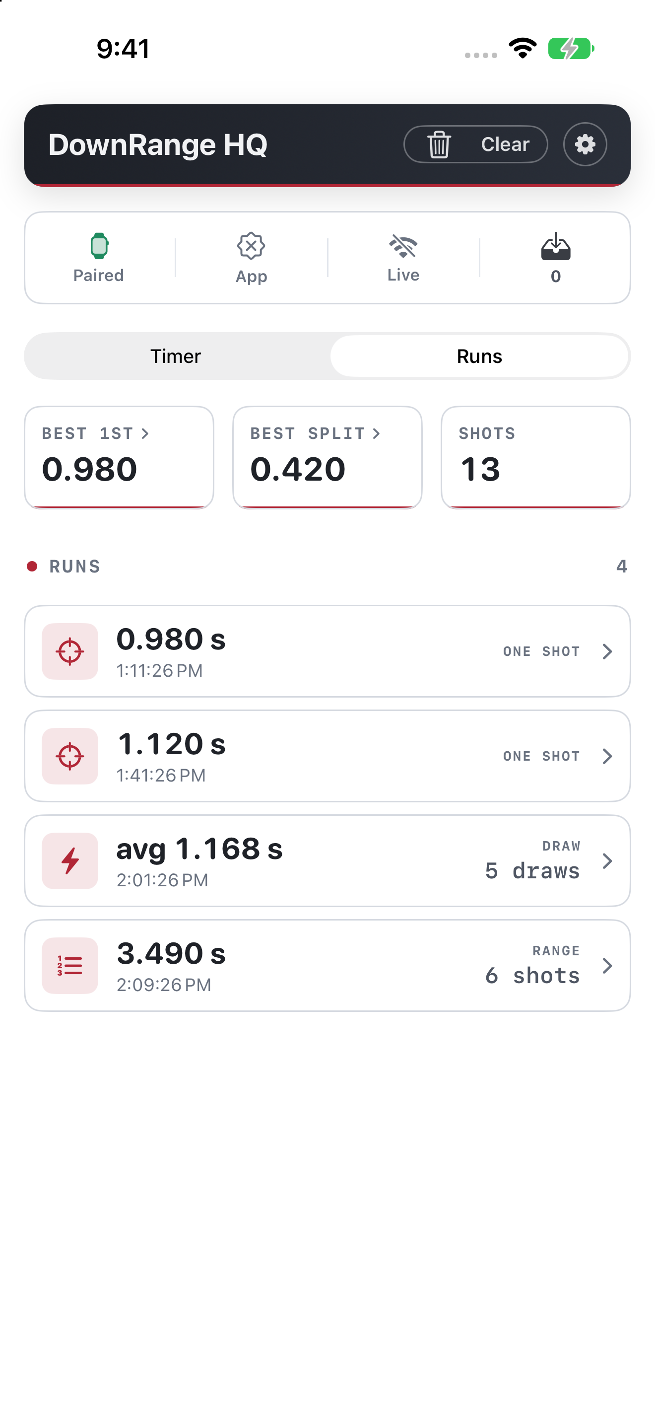 DownRangeHQ run history screen