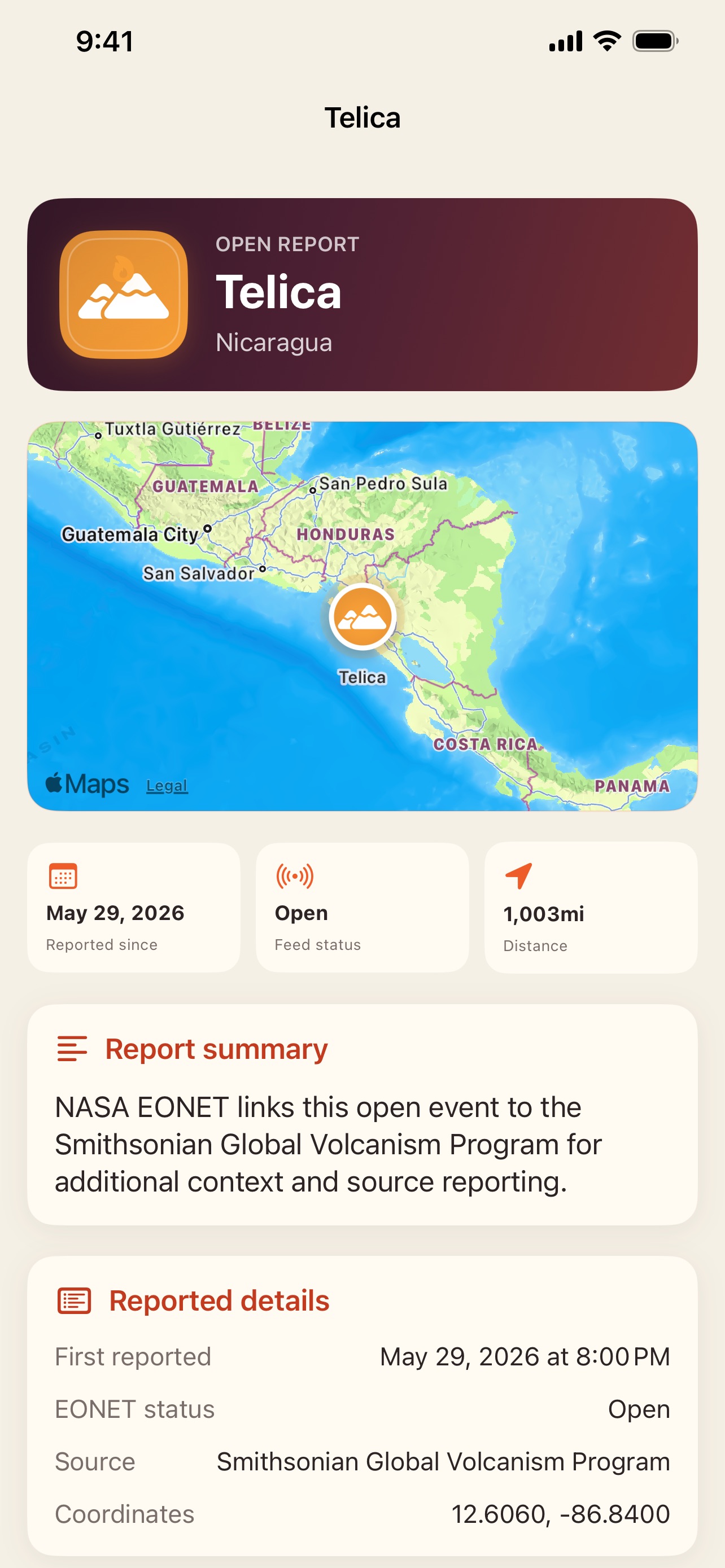 Erupción report detail screen with first-reported date, feed status, coordinates, and source context