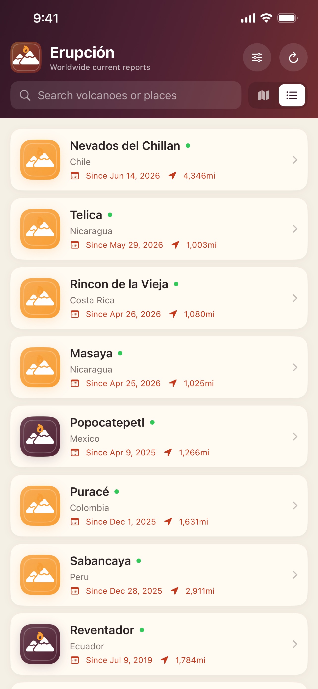 Erupción list of reported volcanic activity with country, first-reported date, and distance