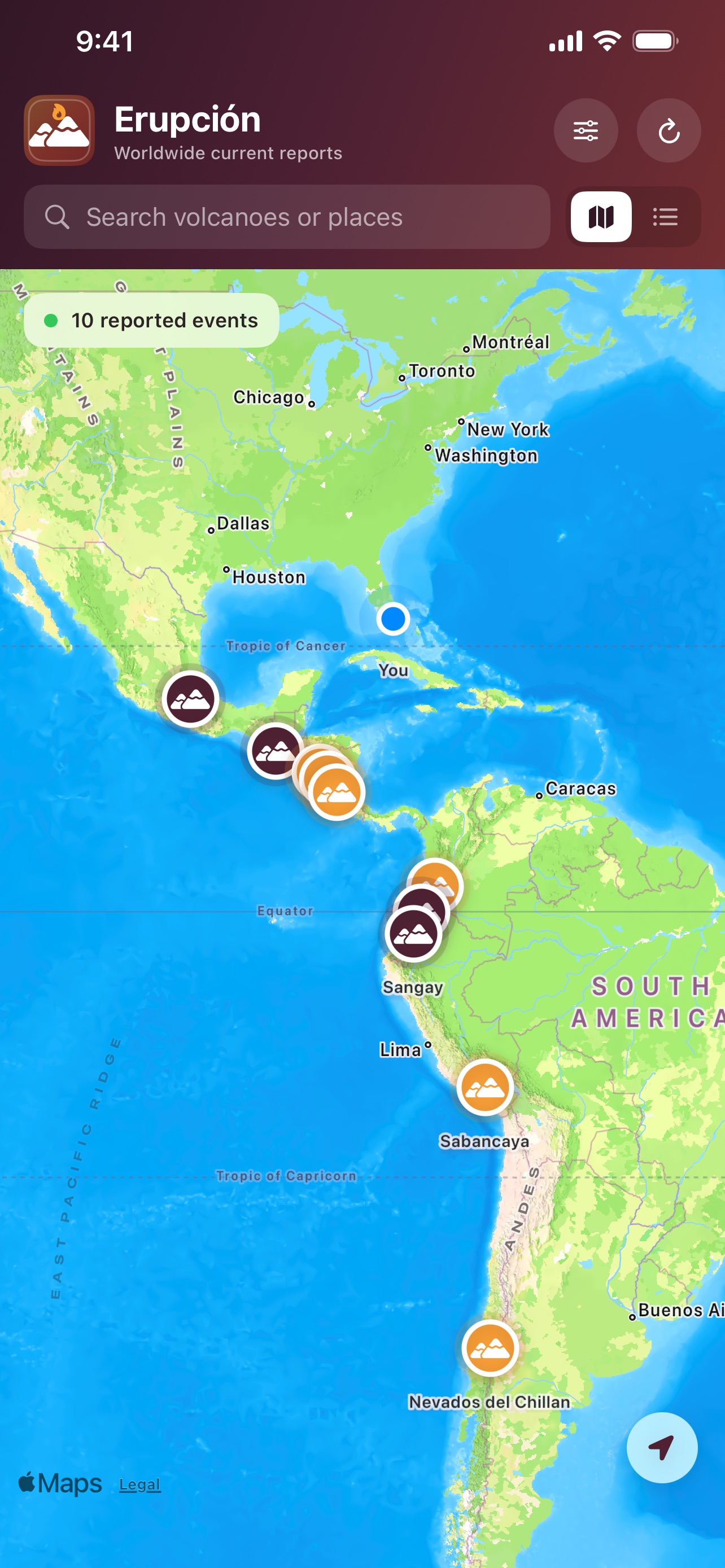 Erupción map showing reported volcanic activity worldwide