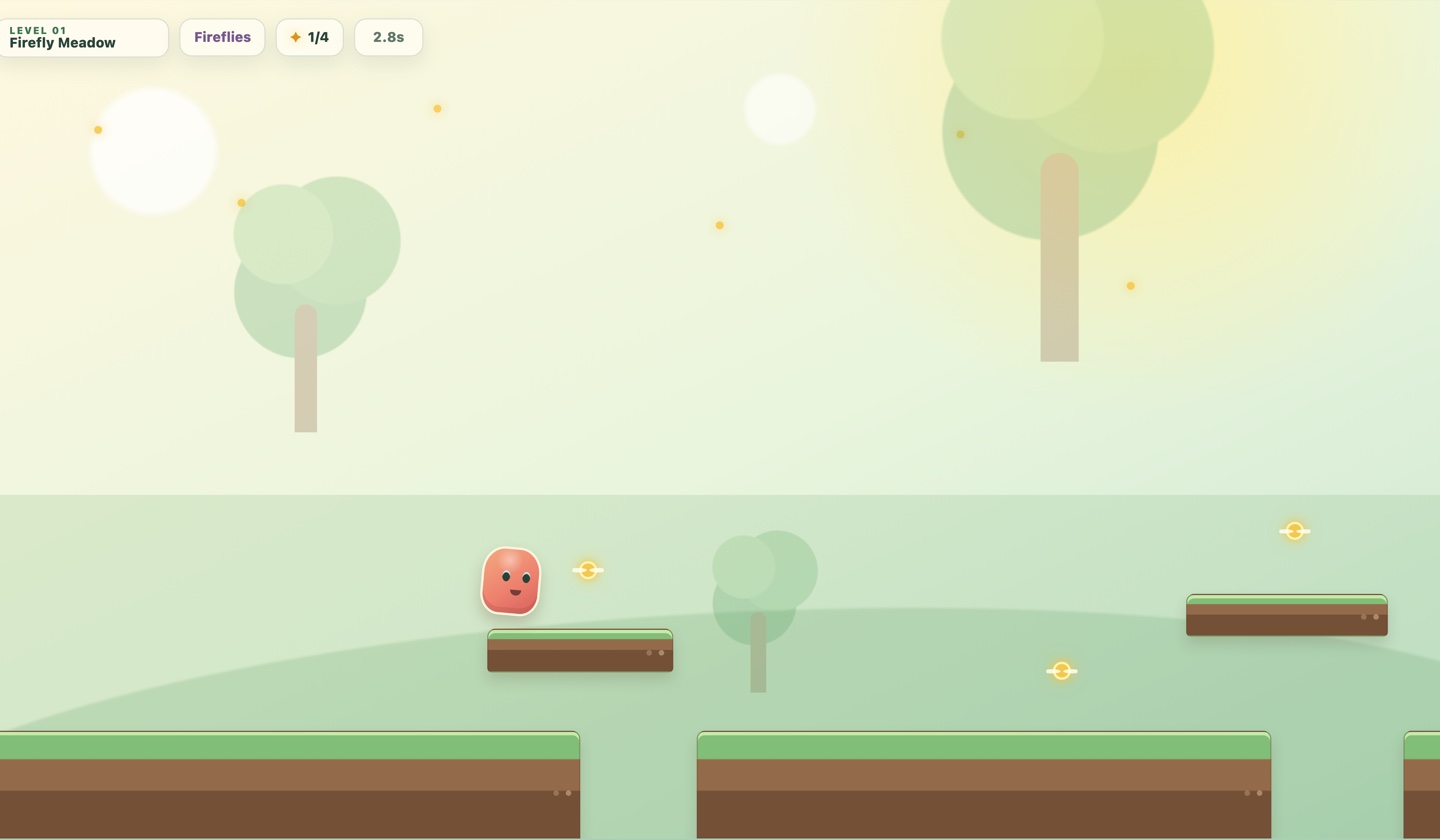 Wobble Woods gameplay: the character mid-jump collecting fireflies