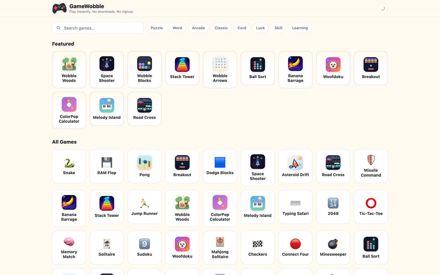 GameWobble website showing its collection of browser games