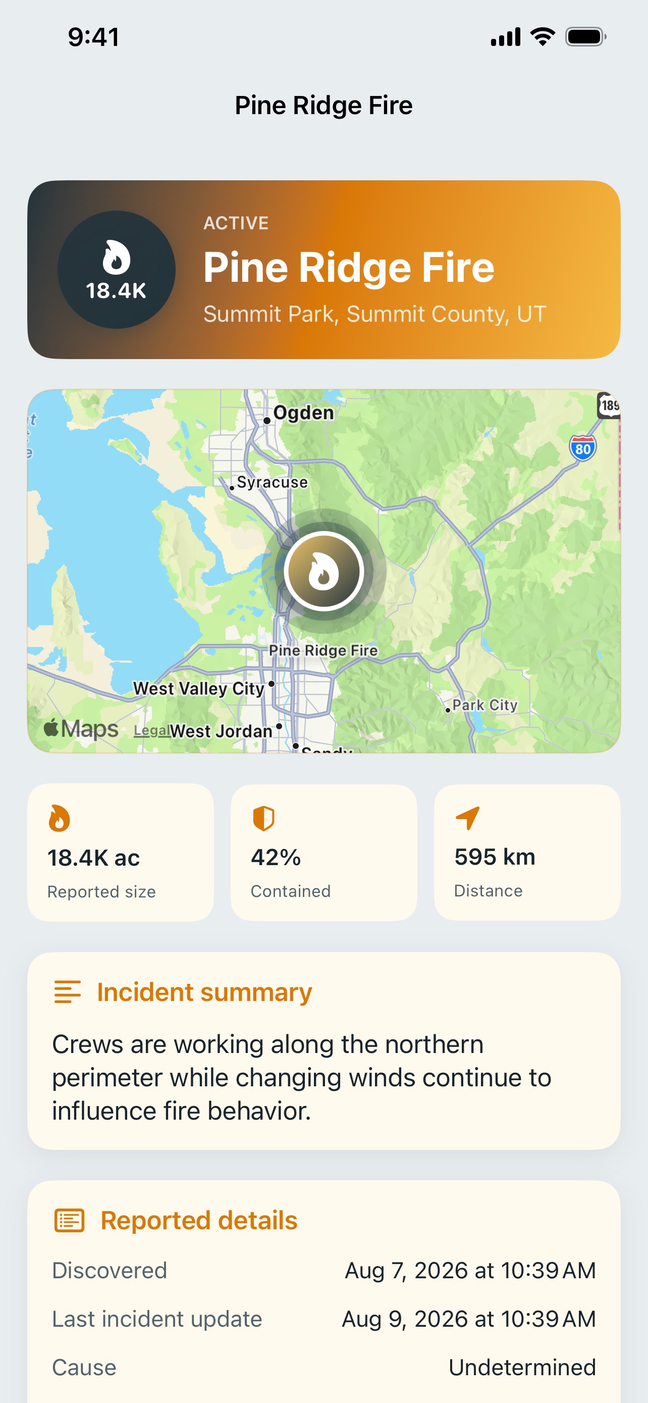 Incendio wildfire detail screen with acreage, containment, location, and source context