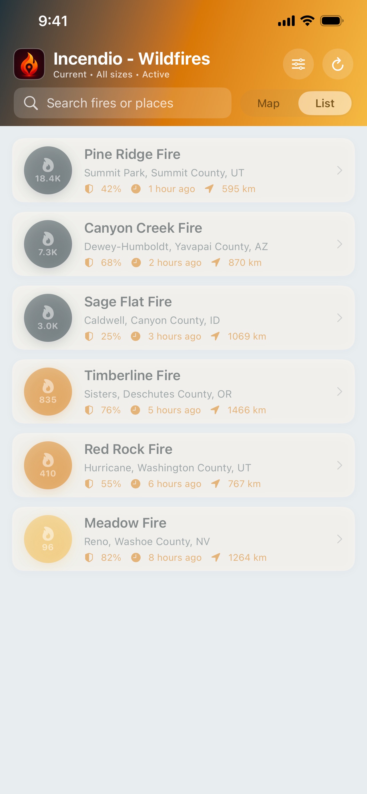 Incendio list of reported wildfires with acreage, containment, and update times