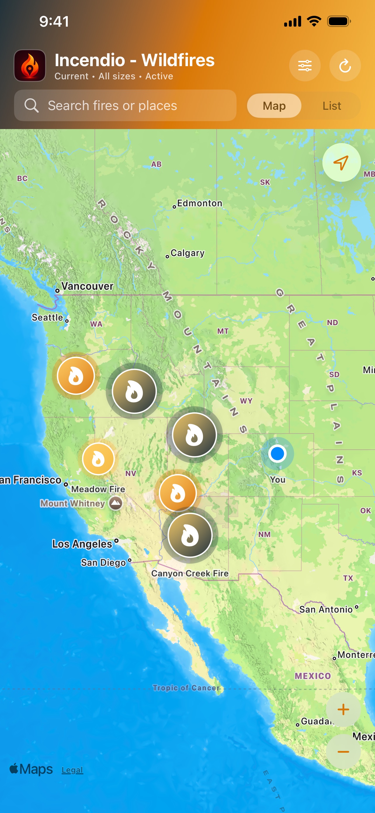 Incendio map showing current reported wildfires across the United States